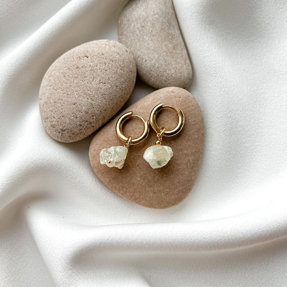 Gold plated hoop earrings with prehnite