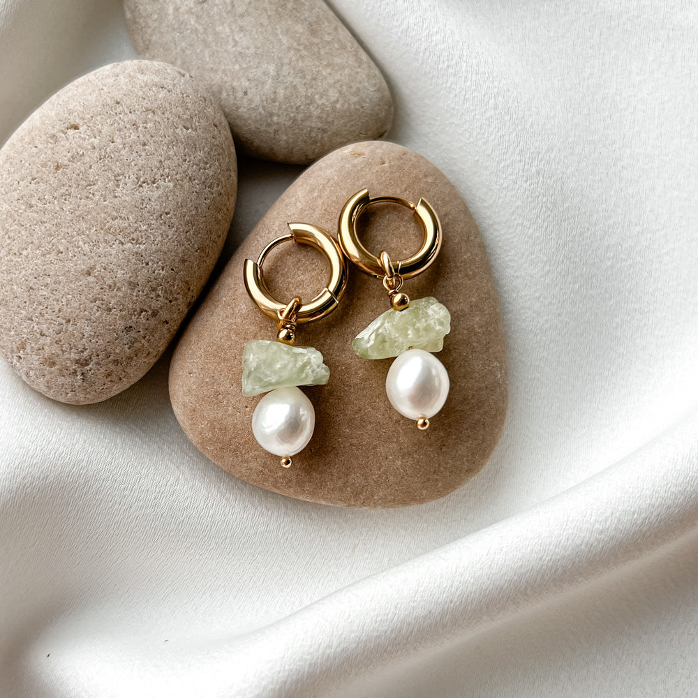 Gold plated hoop earrings with prehnite and pearl