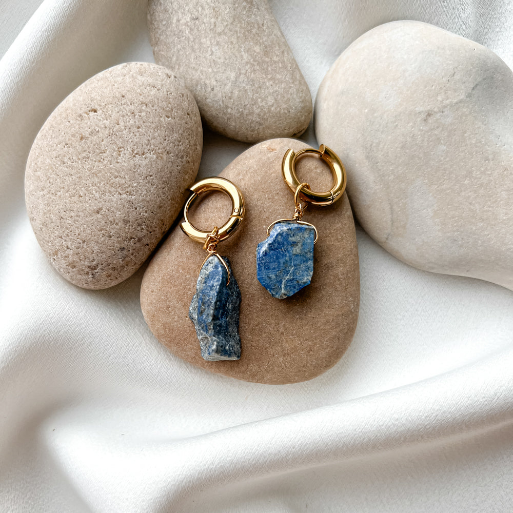 Gold plated hoop earrings with lazurite