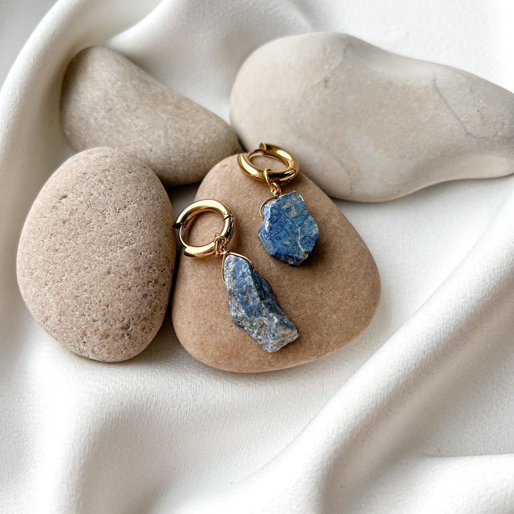 Gold plated hoop earrings with lazurite