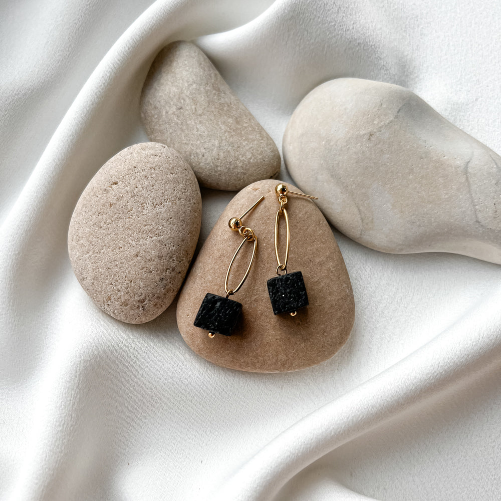 Gold plated earrings with lava stone