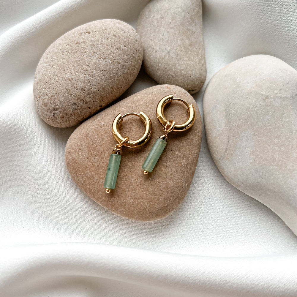 Gold plated hoop earrings with aventurine