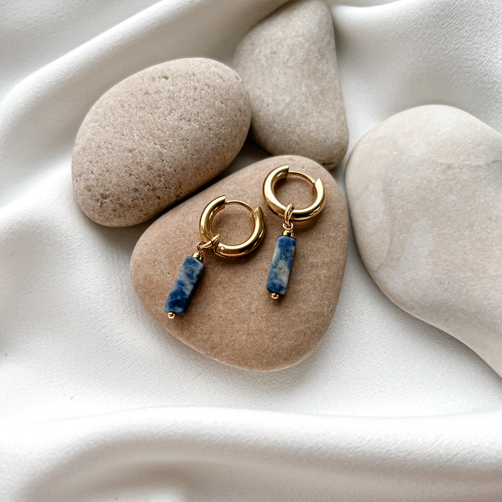 Gold plated hoop earrings with sodalite