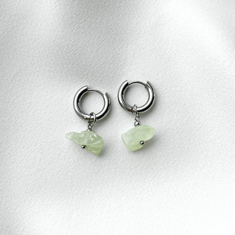 Stainless steel hoop earrings with prehnite