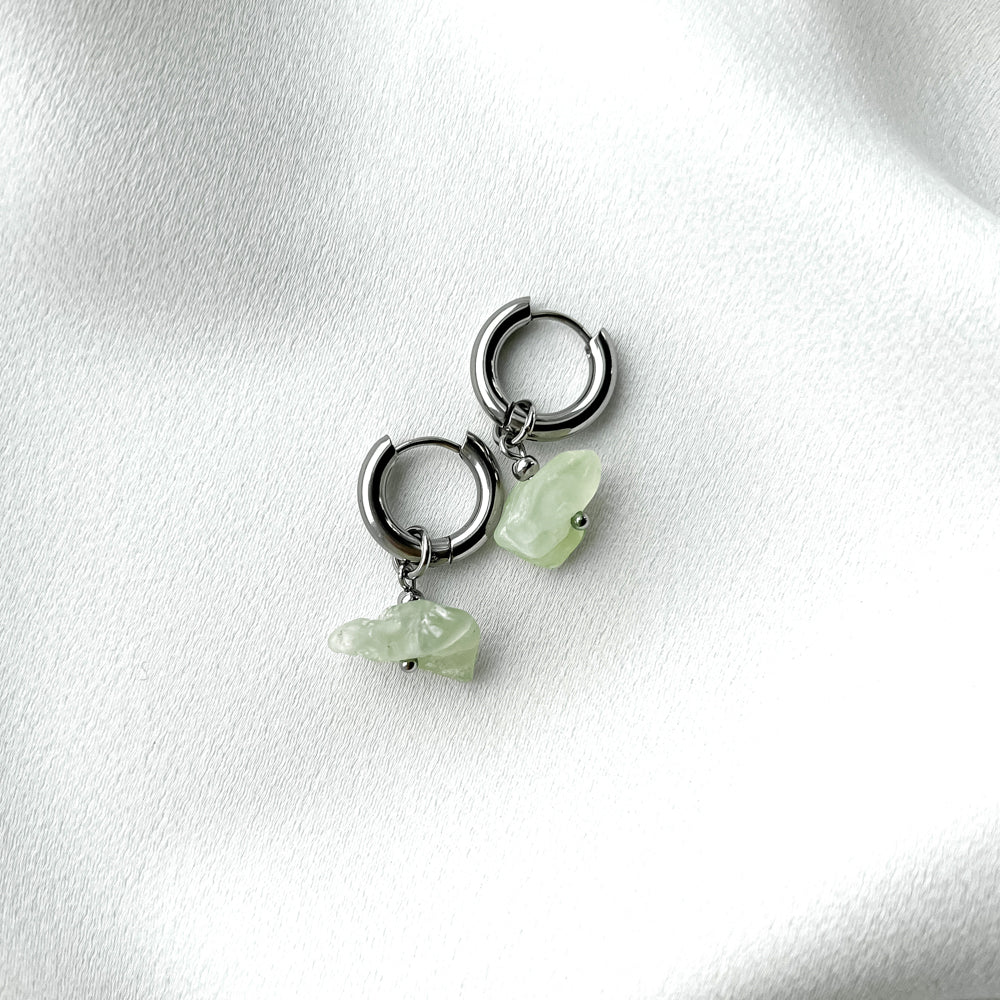 Stainless steel hoop earrings with prehnite