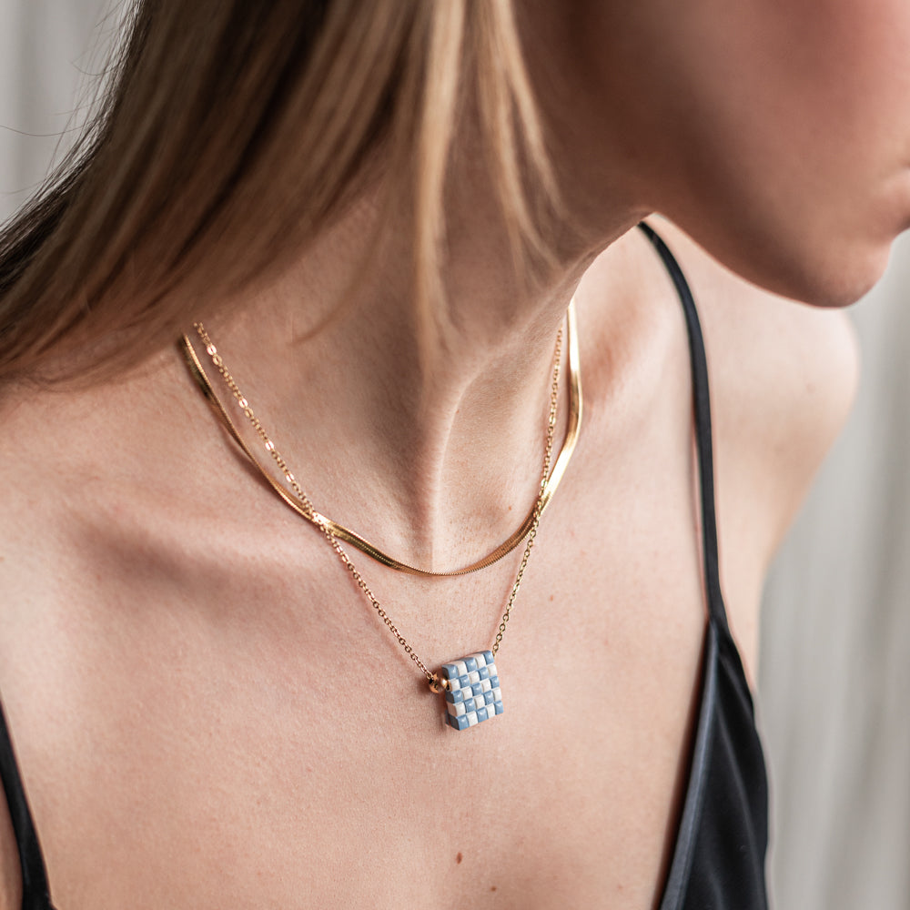 Pendant Necklace - Blue checkerboard -