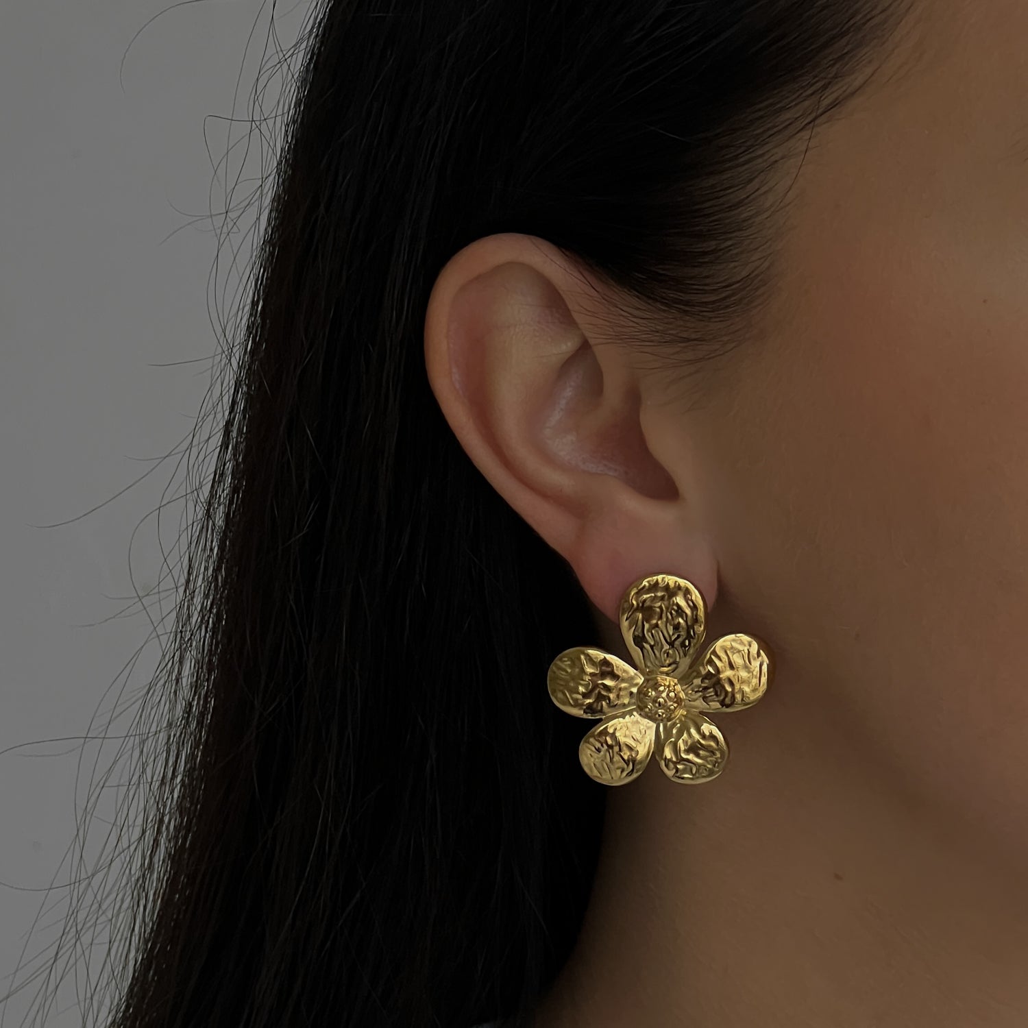 Gold big heavy flower studs