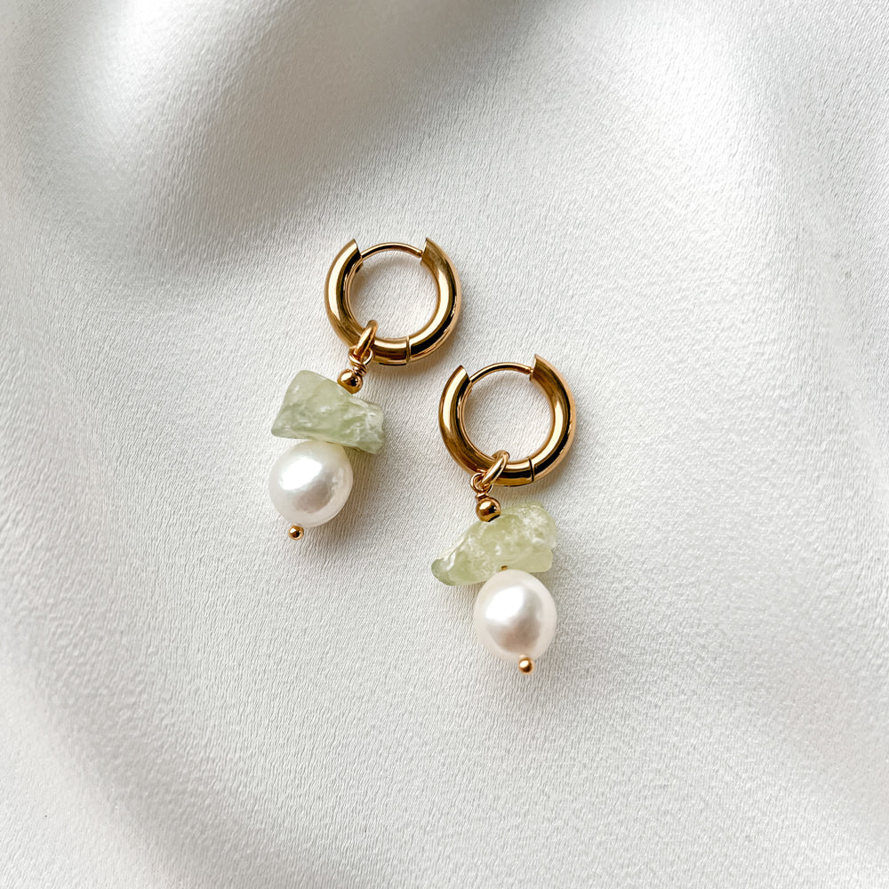 Gold plated hoop earrings with prehnite and pearl