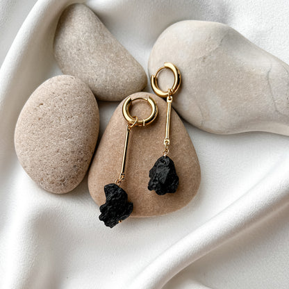 Gold plated hoop earrings with lava stone