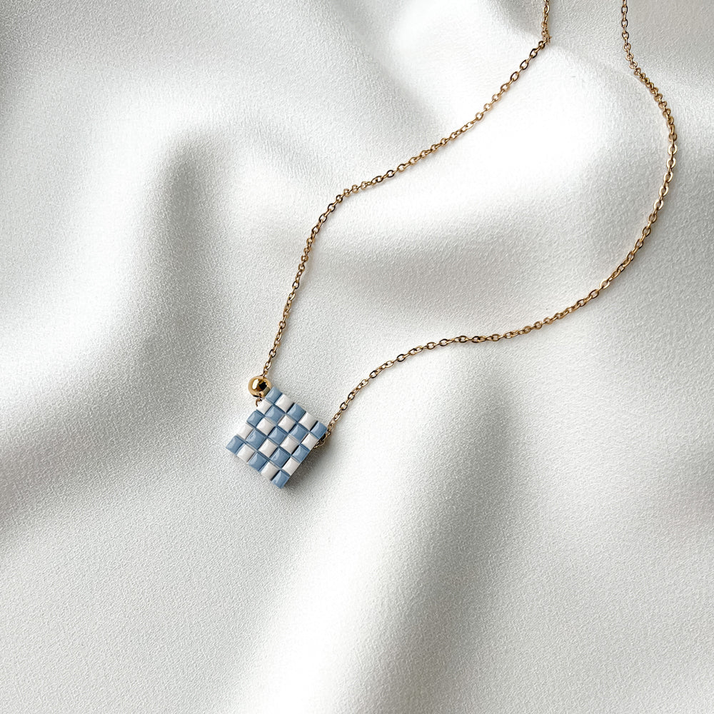 Pendant Necklace - Blue checkerboard -
